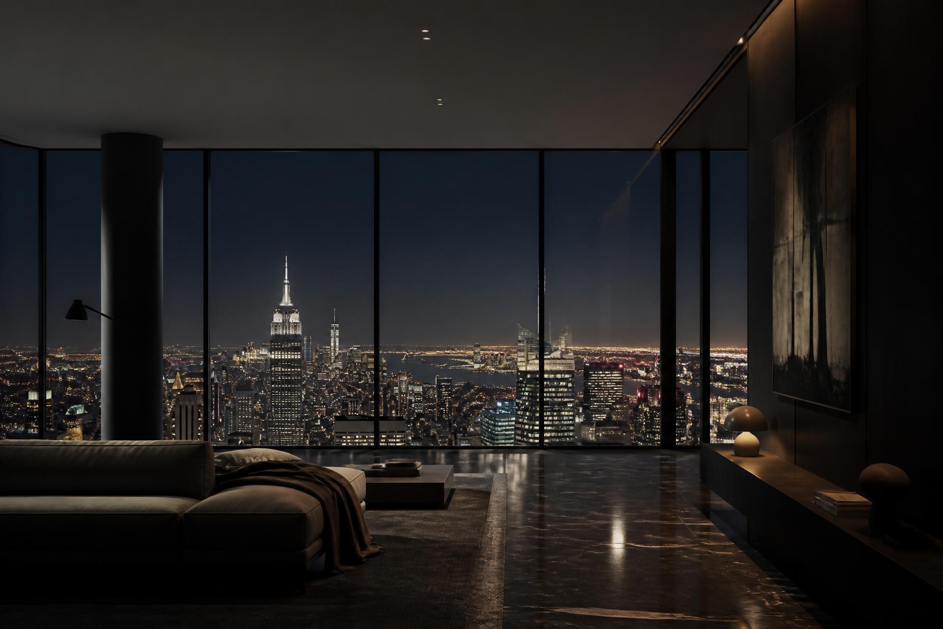 Penthouse at night with city skyline
